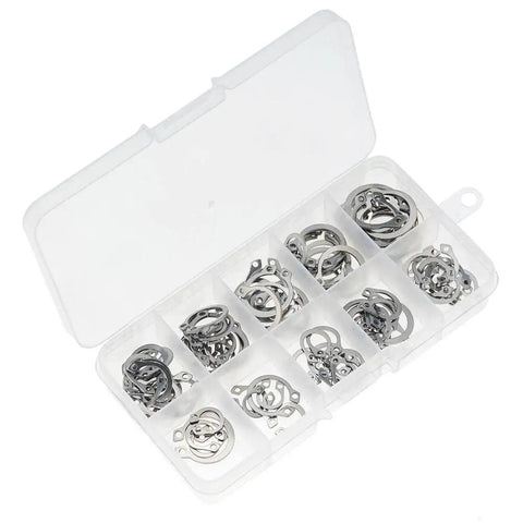 Stainless Steel Retaining Circlips Set 100 Pcs M8 M9 M10 Internal External Snap Rings Kit For Mechanics And DIYers Gear Up With This Heavy Duty Assortment Of Internal And External Rings in an open plastic case