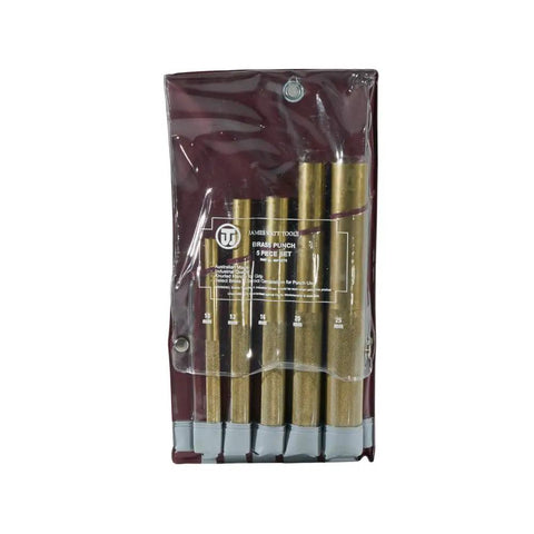 Image of Brass Punches 5 Piece Set For Delicate Metalwork in packaging, featuring softer punching to prevent dents, with chamfered heads.