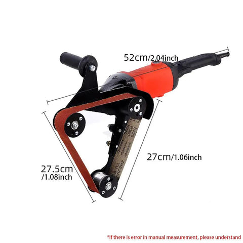 Turn Your Angle Grinder Into A Belt Sander Attachment Kit With A Handy Table Stand, Pipe Brackets, Cast Iron And ABS Parts For Pro Polishing And Grinding On Wood Metal And Stainless Steel (5/8-11 UNC) with dimensions shown