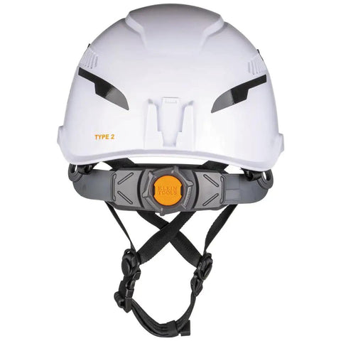 Front view of Low-Profile Vented Safety Helmet with Rechargeable Headlamp Class C Type-2 ANSI Z89.1 for at-height work.