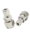 Two stainless steel 304 compression tube fittings, reducer unions 3/8 in. OD to 1/4 in. OD, straight connector adapters