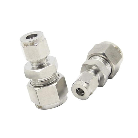 Two stainless steel 304 compression tube fittings, reducer unions 3/8 in. OD to 1/4 in. OD, straight connector adapters