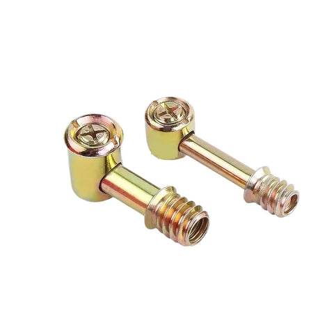 Hella Durable Kickass Four In One Cam Lock Fasteners And Eccentric Wheel Screws With Rust Resistant Alloy Connectors For Cabinet Wardrobe And Countertop Assembly Kits - close-up of yellow zinc alloy screws