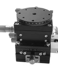Close-up of 4 Axis Manual Linear Stage For Pro Level XYZZR Alignment With A Smooth Cross Roller Table, 60x60mm, metal construction.