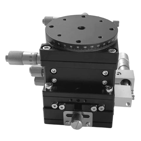 Close-up of 4 Axis Manual Linear Stage For Pro Level XYZZR Alignment With A Smooth Cross Roller Table, 60x60mm, metal construction.