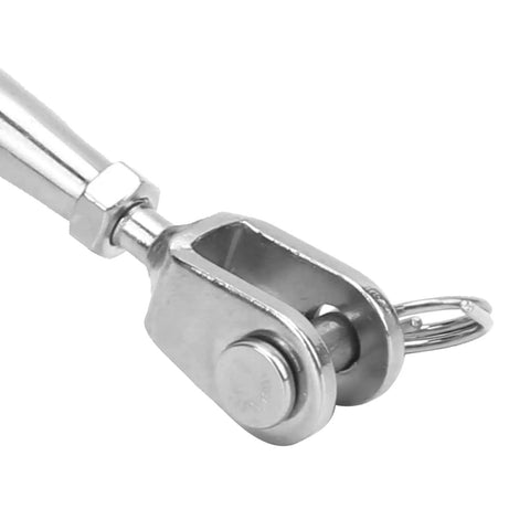 Close-up of stainless steel turnbuckle hook with anti-theft design and easy tension control for hammocks and DIY projects.