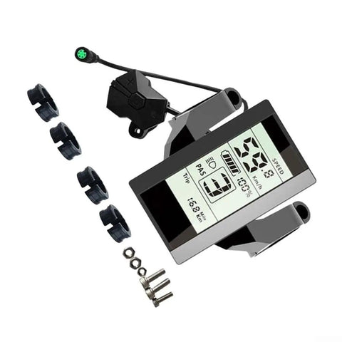 Must Have E Bike Display For Bafang 01 02 And HD Motors With Seamless Integration And Accurate Data Transmission Designed For 24V 36V 48V And 60V Battery Systems For A Totally Sweet Ride. LCD display with mounting bracket, cable, and screws for e-bike motor control.