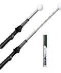 Golf Swing Trainer With Real Time Click Feedback And Retractable Club Grip, two black portable practice aids on white background.