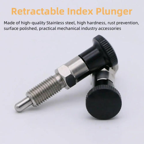 Heavy Duty Stainless Steel Ball Nose Spring Plunger with M16 Thread, 8mm pin, and pro grade push fit knob tool.