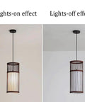 YAXDQUW Modern Style Bamboo Pendant Light Handcrafted Hanging Ceiling Lamp displaying lights-on and lights-off effects.