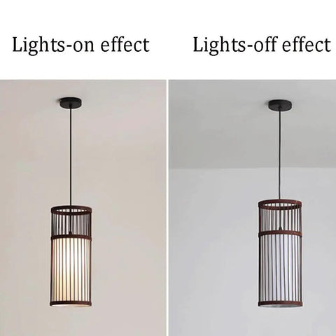 YAXDQUW Modern Style Bamboo Pendant Light Handcrafted Hanging Ceiling Lamp displaying lights-on and lights-off effects.