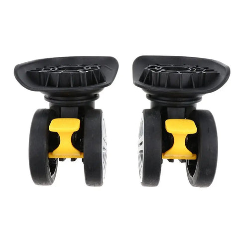 Kick The Squeaks To The Curb With These Heavy Duty Replacement Luggage Casters Engineered For Silent Glide and Reliable Braking on Every Standard Carry On Suitcase, featuring black wheels and yellow brake.