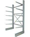 Built Tough As Nails Steel Cantilever Rack Single Sided Heavy Duty Shelving supports eight hundred lbs per arm for lumber pipes and steel bar stock.