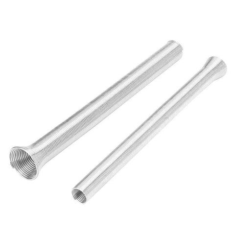 Metal pipes showing detailed contours, part of Premium Five Piece Spring Tube Bender Set 21 Cm Long Heavy Duty High Density Steel For Copper Aluminum Thin Wall Stainless Pipe Bending Perfect For Plumbers HVAC Pros And DIY Whiz With Sizes One Quarter Three Eighths Half Five Eighths.
