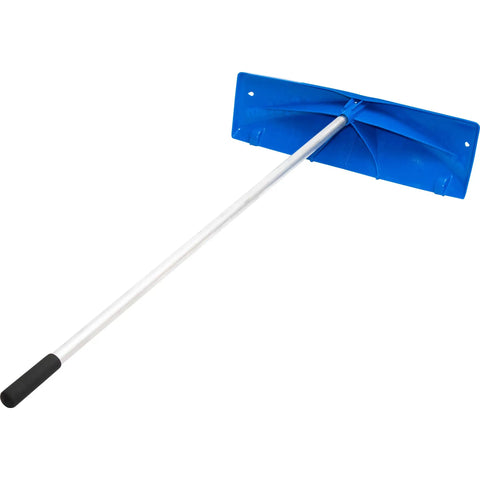 Heavy Duty Extendable Roof Snow Rake With Gliding Rubber Wheels And Lightweight Aluminum Handle, blue rake head and long handle.