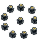 Heavy Duty M6 Star Knob Clamping Handles Featuring A Rugged Black Plastic Grip For Lightning Fast Panel Mount Machinery Adjustment 10 Piece Top Shelf Hardware Kit, showing 10 black star knobs with golden threads.