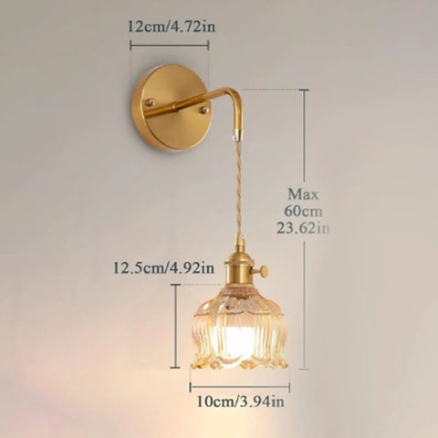 GZZBMY Indoor RGB Wall Light with Remote Control Dimmable Wall Lamp USB Rechargeable Creative Glass Lampshade Wall Sconce Creative Flowers Design for Bedroom Living Room (Amber,2 Packs) measurements and gold wall mounting details.