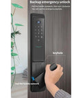 Full Automatic Smart Fingerprint Door Lock With App Remote Unlock Digital Password Zinc Alloy Build showing emergency keyhole and handle