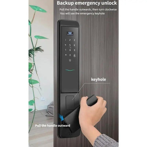 Full Automatic Smart Fingerprint Door Lock With App Remote Unlock Digital Password Zinc Alloy Build showing emergency keyhole and handle