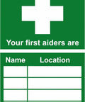 Green First Aid Information Tin Sign 12 By 8 Inch Metal Wall Decor for Office Warehouse School Clinic Factory with Bold First Aid Cross.