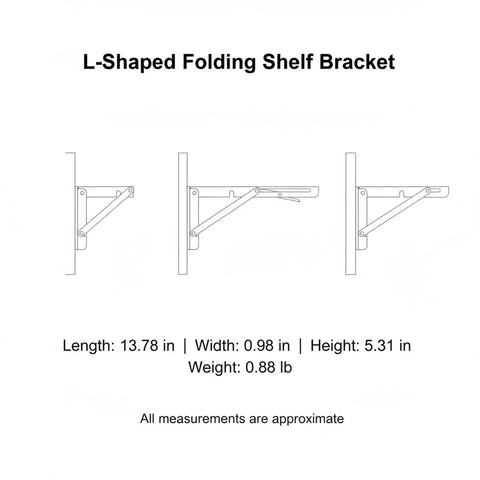Illustration of Heavy Duty Stainless Steel L Shaped Folding Shelf Bracket Wall Mount For Drop Leaf Tables And Workbenches, dimensions shown