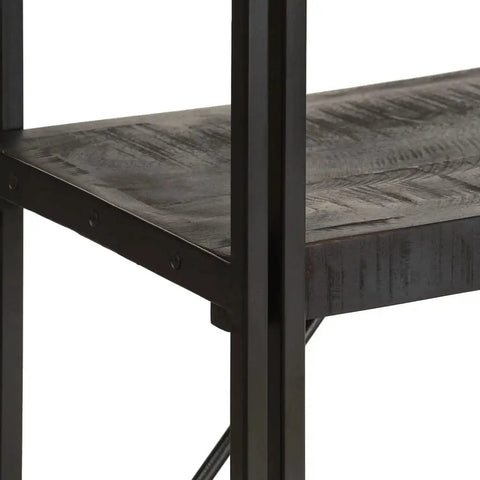 Close-up of solid mango wood shelf and black steel frame on Industrial Five Tier Bookcase With Solid Mango Wood Shelves And Black Powder Coated Steel Frame Seventy Point Nine Inches Tall Durable Storage Rack For Home Office Or Living Room Retro Charm Rustic Grains Built Like A Tank.