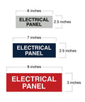 Comparison of electrical panel signs in different sizes and colors, including red, for Red Electrical Panel Sign For Fire Regulation Safety Compliance.