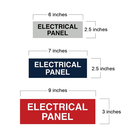 Comparison of electrical panel signs in different sizes and colors, including red, for Red Electrical Panel Sign For Fire Regulation Safety Compliance.