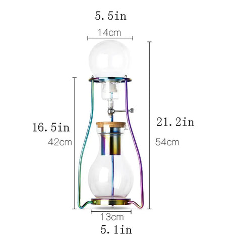 Craft Hella Smooth Cold Brew Coffee And Iced Tea With This No Sweat Dripper showcasing dimensions and design, including glass carafe.