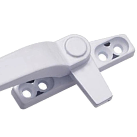 White left handed casement locking window handle with aluminum alloy build for home or office security switch, showing mounting holes.