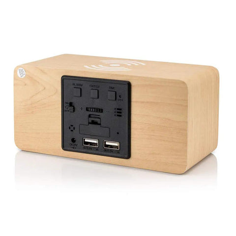 Dope Wooden Digital Alarm Clock With Qi Wireless Charging Pad For iPhone Samsung Featuring Smart Clap Activated Wake Light Plus Room Temperature Tracker back view showing buttons and USB ports
