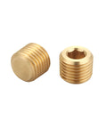 Two Half Inch NPT Male Brass Pipe Plugs With Countersunk Head And Internal Hex Drive For Easy Tightening And Reliable Seals Three Quarters Inch OD