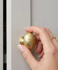 Top Shelf Champagne Bronze Cabinet Knobs With A Hammered Oval Dome and Soft Metallic Luster, 1 3/8 inch, installed on cabinet.
