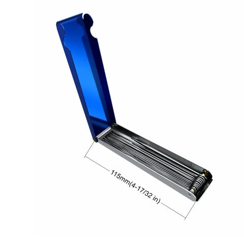 Side view of All-In-One Carburetor And Welding Nozzle Cleaner Kit with 26 cleaning wires in aluminum box, 115mm size visible.