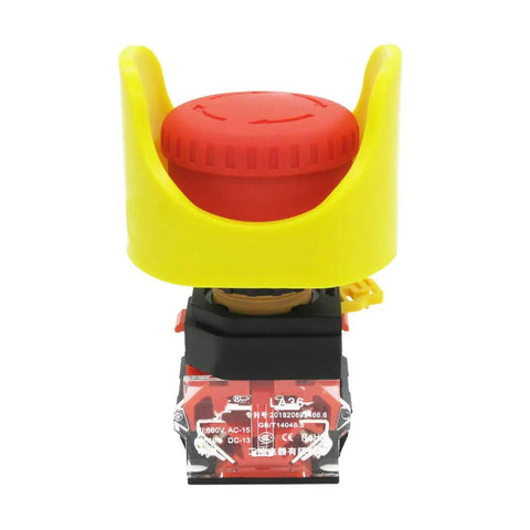 Heavy Duty Red Mushroom Emergency Stop Push Button Switch 1NC 1NO 22mm Mount, 40mm Button, Protective Cover visible