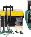Pro Grade Mortising Attachment For Drill Press Kit with hollow chisel, bench drill locator, and 4 mortise chisels displayed with toolbox