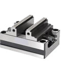 Heavy Duty Self Centering Machine Shop Bench Vise With Four Turn Lock and Tough As Nails Jaw Grip, showcasing precision jaws.