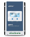 Close-up of 30A MPPT Solar Charge Controller with LCD Display, Auto 12V/24V Operation, mounted on a wall