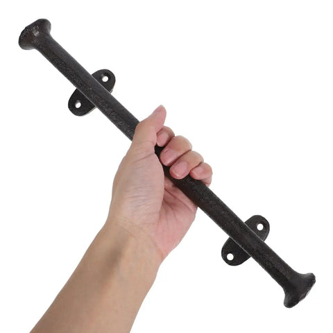 Hand holding Heavy Duty Cast Iron Gate Handle 11.81 Inch Barn Door Pull With Vintage Rustic Farmhouse Charm, Solid Iron Build With Four Screws