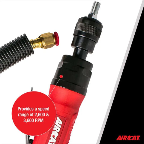 Close-up of Beefy Low Speed Tire Buffer 0.6 HP 2600 RPM with coaxial rear hose and threaded arbor, AIRCAT branding visible