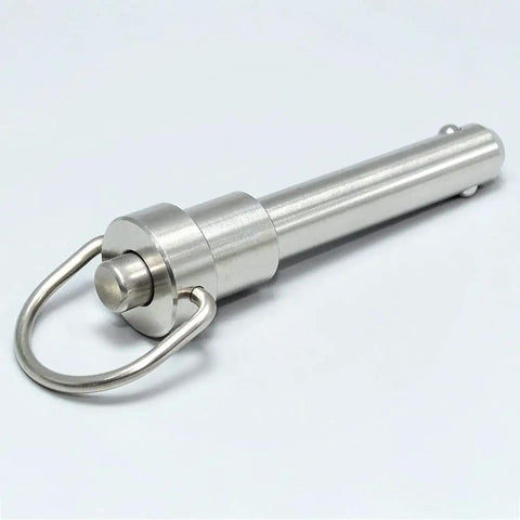 Hardcore Marine Grade Stainless Steel Ball Lock Pin Quick Release Tool With Zero Slack Button Indexing And Tight Grip 9/16 Inch Diameter Plus 2 Inch Length For Road Ready Builds shown from a side angle.