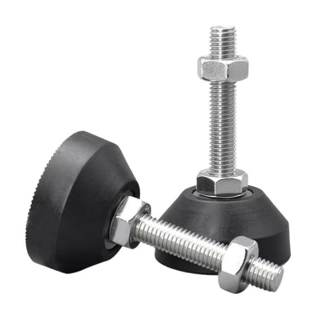 Heavy Duty Adjustable Leveling Feet With Swivel Base Stainless Steel Construction For Furniture And Workshop Gear Built Tough Fits M6 M8 M10 And M12 Sizes Hassle Free Pair, showing durable pads with threaded bolts.