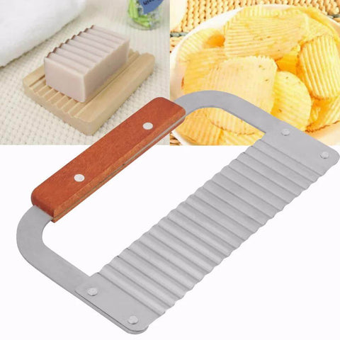 Pssopp soap cutter with wooden handle and ribbed stainless steel blade for slicing soap loaves.