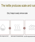 The kettle produces scale and rust, with 3 easy steps for cleaning using vinegar and boiling, illustrated in 3 images.