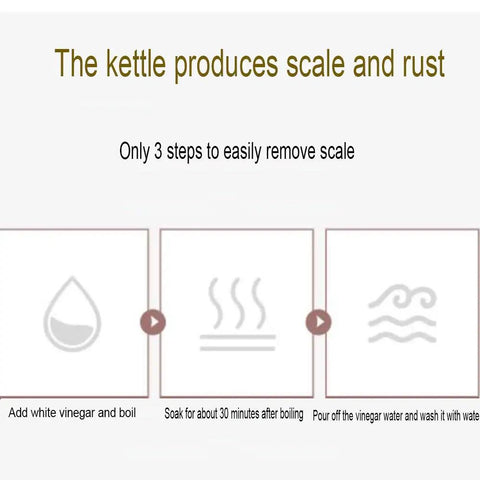 The kettle produces scale and rust, with 3 easy steps for cleaning using vinegar and boiling, illustrated in 3 images.