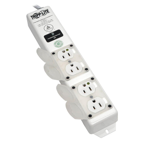 Medical-Grade Surge Protector Power Strip with 4 hospital-grade outlets, 6 ft cord, UL60601-1 listed, metal housing, top view