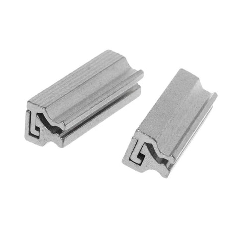 Silver Key Duplicating Fixture Clamp for Key Machines in stainless steel, shown in a two-piece set, durable and precise tool for locksmiths