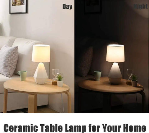 Modern White Ceramic Table Lamp With Irregular Geometric Base And White Fabric Shade Compact Nightstand Bedside Lamp For Bedroom