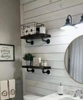 Bathroom with white shiplap wall and mounted shelves using Beefy Iron Pipe Shelf Brackets For 7 To 14 Inch Boards, L Style Floating Shelves.