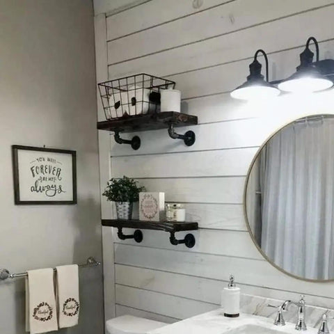 Bathroom with white shiplap wall and mounted shelves using Beefy Iron Pipe Shelf Brackets For 7 To 14 Inch Boards, L Style Floating Shelves.